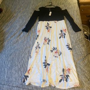 Long-sleeved, cold shoulder, midi dress.